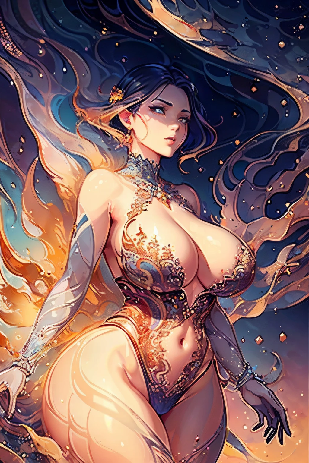 There is a curvaceous woman with large breasts and cleavage, proudly showcasing her shaved side hairstyle. Her captivating figure is adorned with intricate Tribal tattoos that cover every inch of her body. The woman wears a mesmerizing long flowing dress, which seems to be woven from the very depths of lava, creating an exquisite juxtaposition of fire and water. The vivid colors and realistic details brought to life in this beautiful artwork illustration showcase the intricate patterns and delicate textures of her dress, evoking a sense of both allure and danger. This stunning digital illustration, skillfully crafted by the talented Jen Bartel,