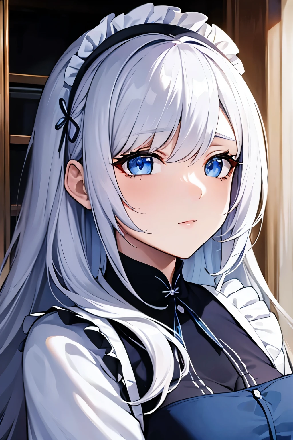 Beautiful woman, beautiful face, long white hair, blue eyes, maid, maid uniform,