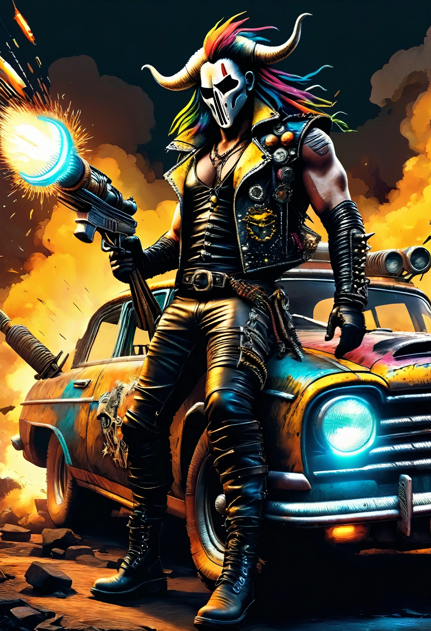 (Obra maestra, mejor calidad), Una escena impresionante de hombres vestidos al estilo Mad Max: 1.3. Con un sombrero de piloto de cuero adornado con intrincados adornos., ropa de cuero adornada con numerosas decoraciones de metal, and punk-inspired clothing, exude a sense of rugged charm. Rostro y cuerpo perfectamente detallados, para la portada de la revista Heavy Metal, dynamic pose, cabello hermoso y detallado, ropa de cuero, Realista, fotorrealista, 8k, Fotos CRUDAS, Calidad premium, obra maestra, epic lighting. de cerca, Centered image The figures pose in a dynamic and sensual way., their captivating expressions locked directly into the camera. El telón de fondo presenta una epic lighting de un paisaje nocturno en destrucción., con explosiones desgarrando el aire, illuminating the darkness and casting dramatic shadows. Exploding vehicles are shown in the background., sus llamas se suman a los colores brillantes y vivos 32k