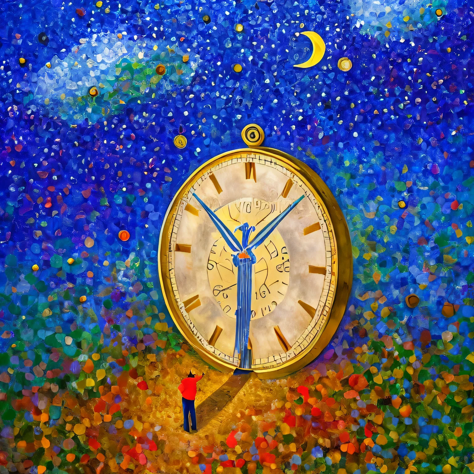 painting of a man standing on a clock with a man standing on a ladder, time consumes us all, the passing of time, time dragging on for too long, time does not exist anymore, caught in the flow of time, time, night-time, night - time, the passage of time, it's night time, illusion of bent time