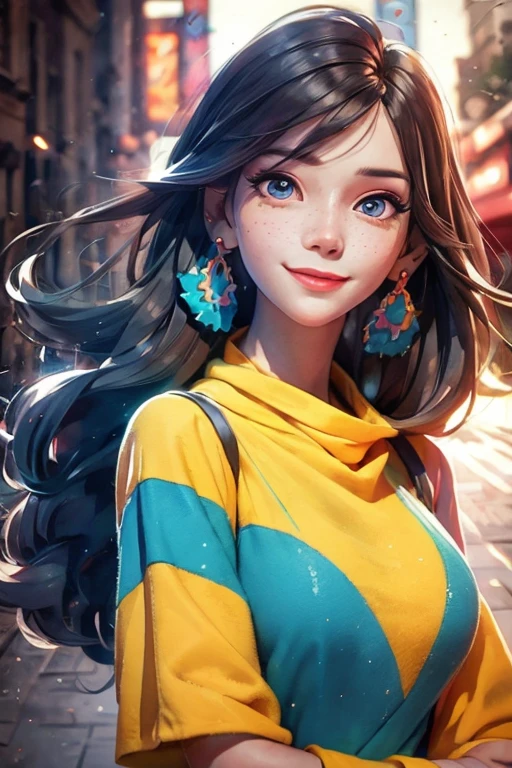 Portrait of a woman in a colorful outfit with a bouquet of colorful flowers posing for a photo, focus on eyes, A freckles, cyber girl, pretty face, sparkling simple make up, hippie clothes, sparkling pictures, new york street background, high quality pictures