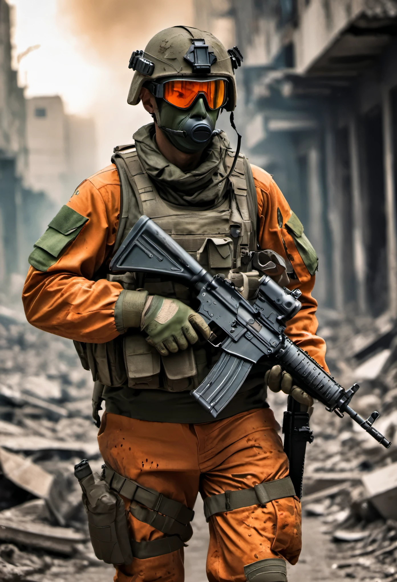 (best quality,highres,ultra-detailed,realistic:1.2),a Brazilian soldier with an orange nuclear suit,holding an AK47,urban warfare,bulletproof vest,military helmet,olive green camouflage uniform,rugged boots,emblem of the Brazilian army,multi-pocket tactical vest,night vision goggles,tactical gloves,combat stance,grim expression,sweating in the intense heat,conflict zone,destroyed buildings,smoke and dust in the air,devastated urban landscape,sunburnt skin,beads of sweat on the soldier's forehead,tension and anticipation,sharp focus,dynamic composition,artistic lighting,vivid colors,gritty texture,war photography