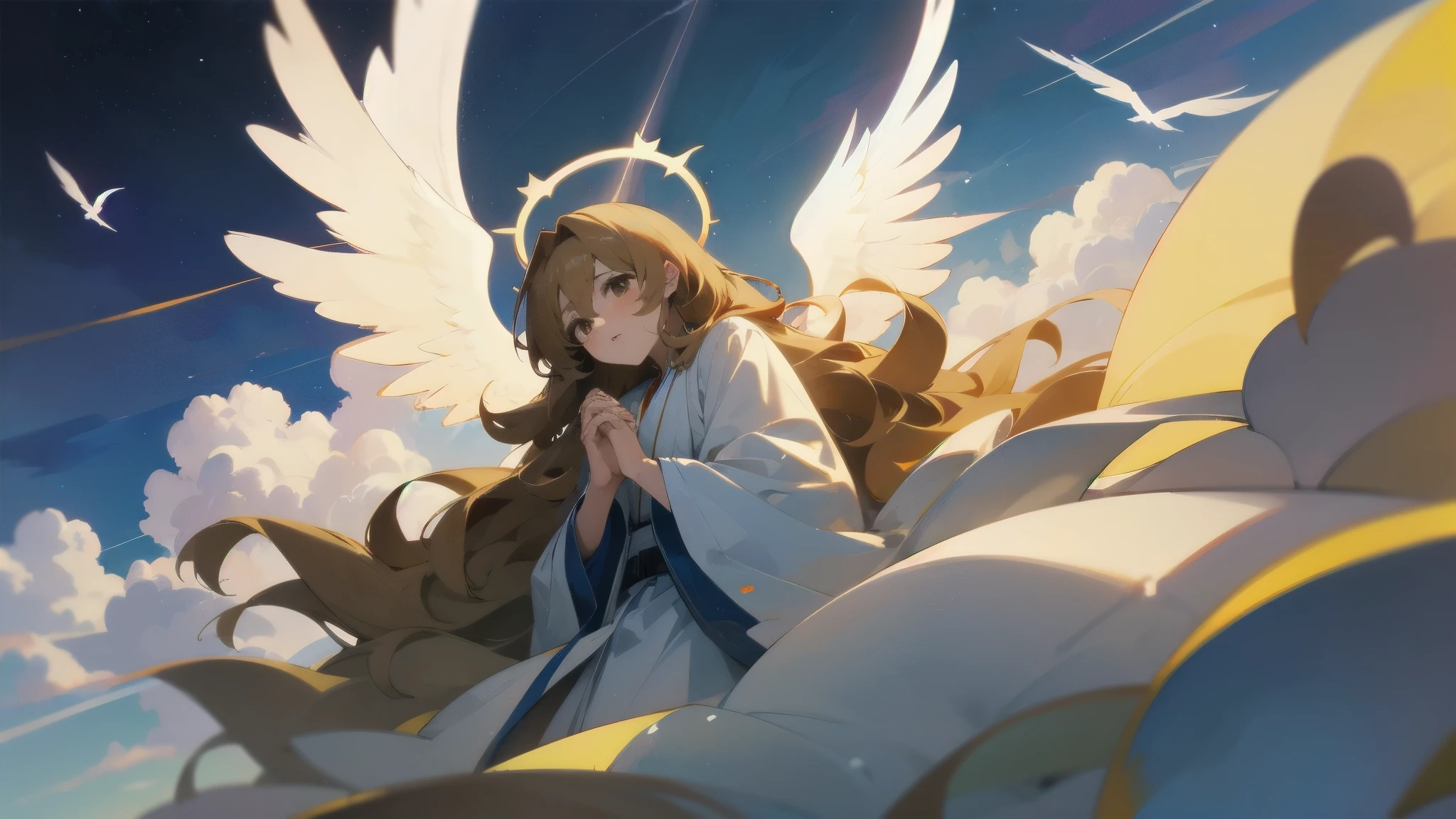 archangel gabriel, femmine male, brown eyes, long golden hair, white wings, white robes, halo, clasped hands, cloud, watercolor