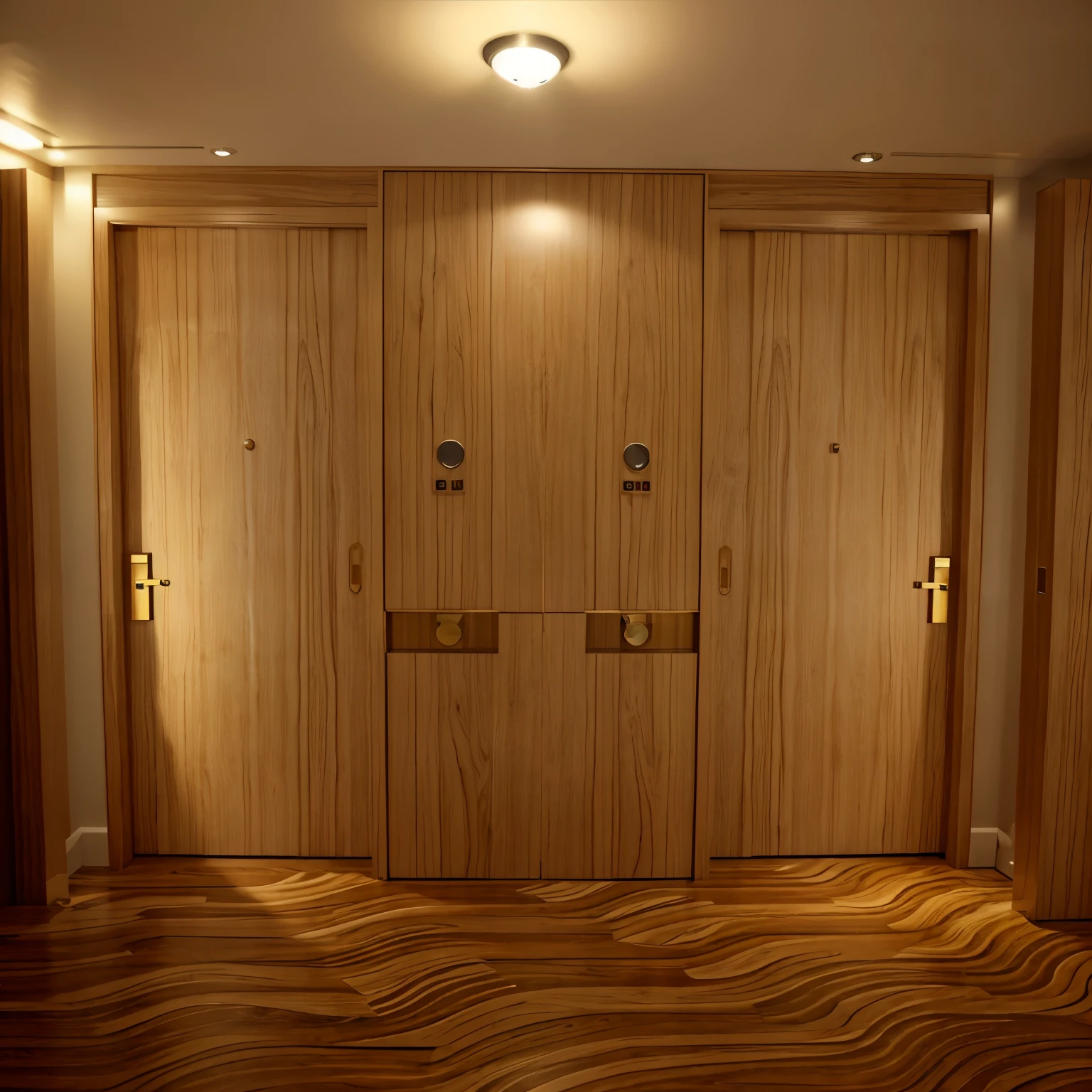 there are two elevators in the hotel room with a clock on the wall, Wooden toilets, doors to various living quarters, doors, elevator doors look like a mouth, round doors, doors to various bedrooms, wooden door, in the corridor of the hotel, many doors, Inner room, randomly segmented rooms, opposite the elevator shaft, doors that are cosmic portals