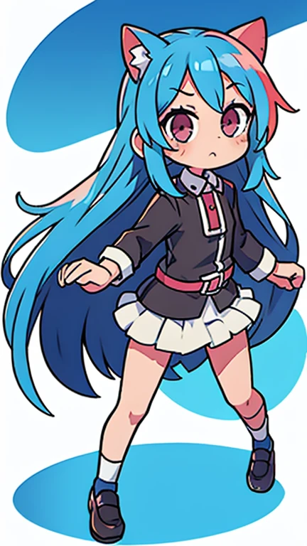 chibi, leather shoes, kawaii, run, 1 girl, full body, transparent background, long hair, two-tone hair, streaked hair, blue hair