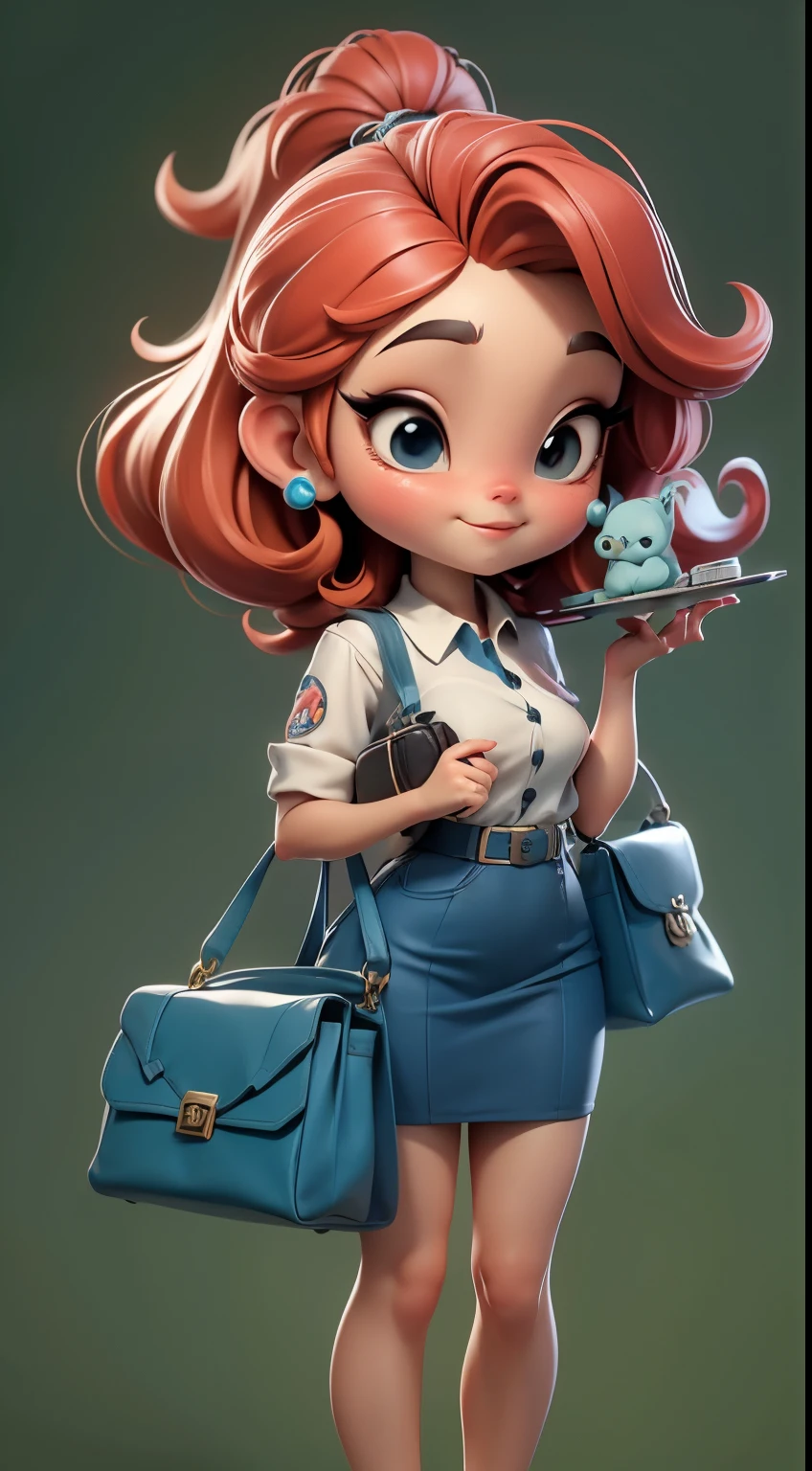 Create a series of chibi style afro dolls with a cute vintage chic theme, each with lots of detail and in an 8K resolution. All dolls should follow the same solid background pattern and be complete in the image, mostrando o (corpo inteiro, incluindo as pernas: 1.5) Boneca Gamer.Chame-a de Gabi. in a blue flight attendant uniform with pony tail red hair Certifique-se de adicionar sombras, texturas e detalhes nos cabelos, roupas, Beautiful utensils, to make them even more adorable and charming. With a trolley handbag in her hand.