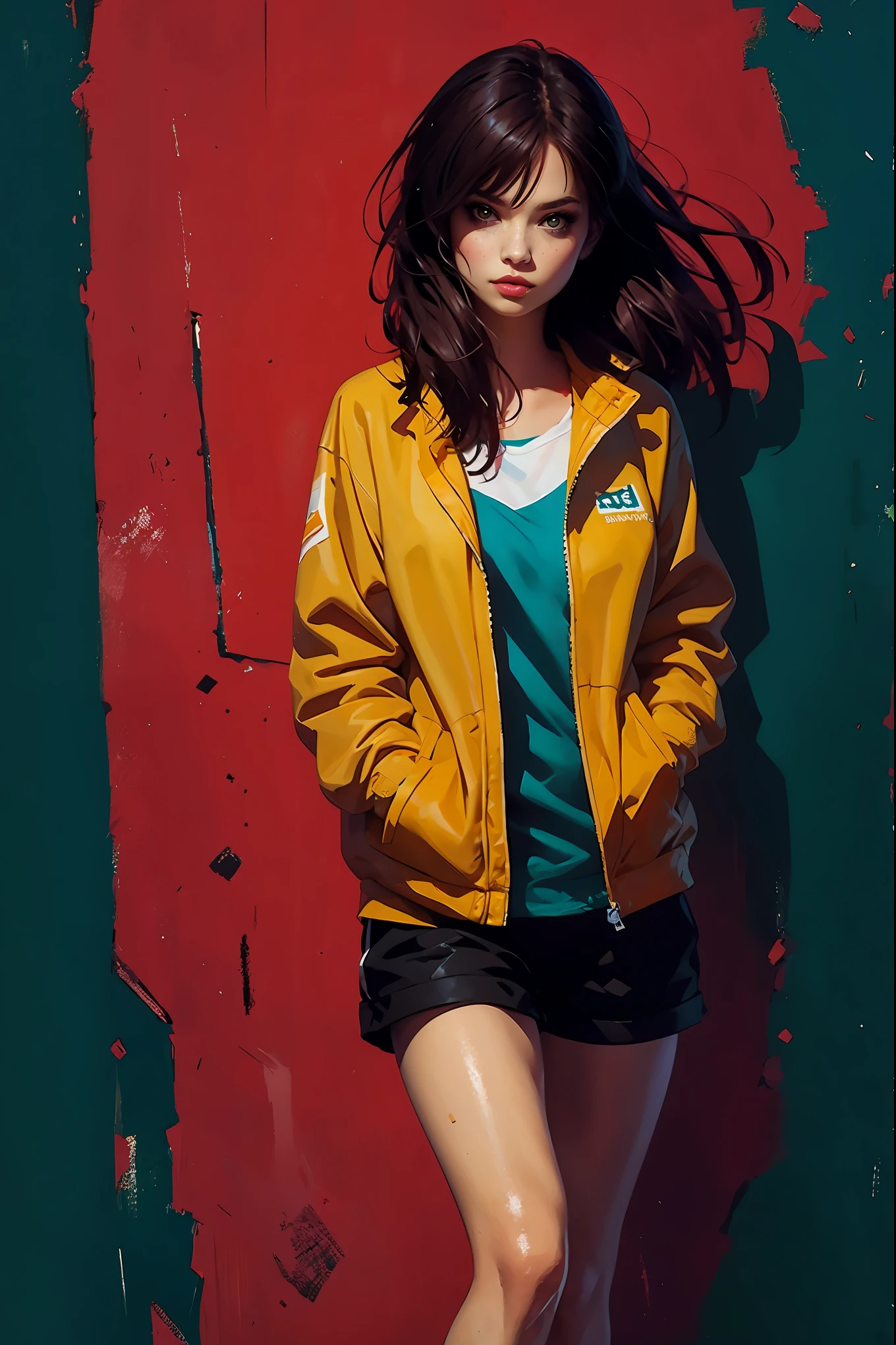 Girl in shorts, wear a jacket, hands in pockets, brush painting style, bright colors, soft light, (high-angle:1.2), (masterpiece, best quality:1.2), (simple background:1.5)
