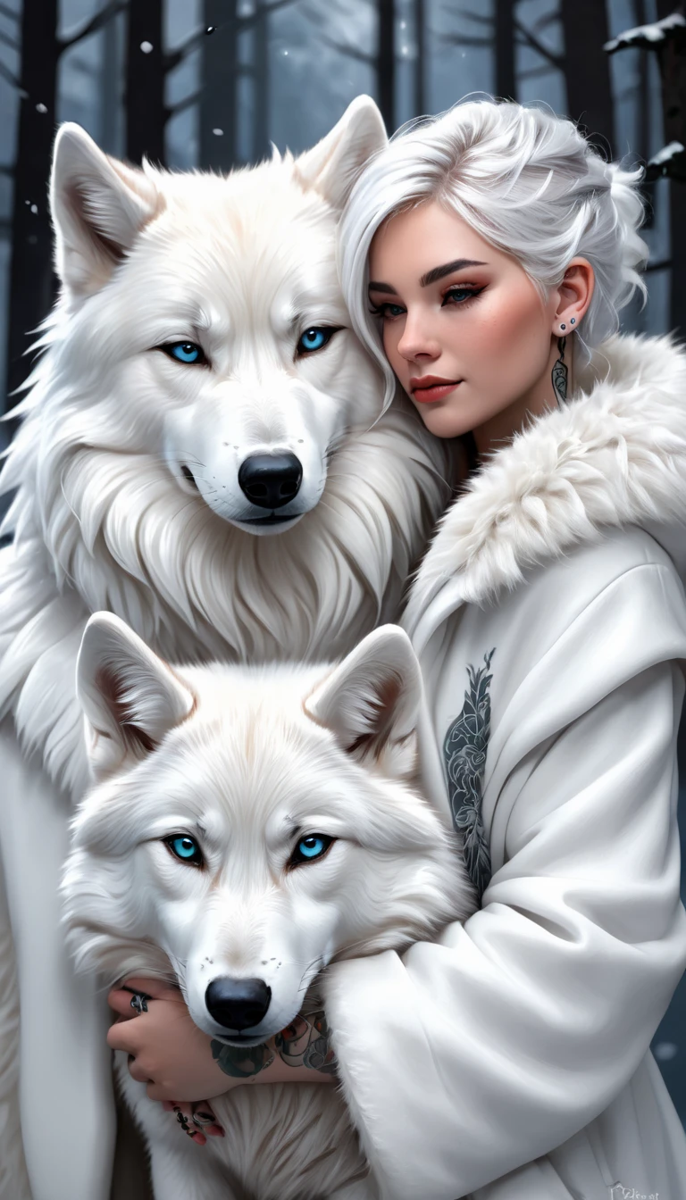 A digital painting of a girl with silver hair and tattoos, wearing a white furry coat, cuddling a white wolf.
