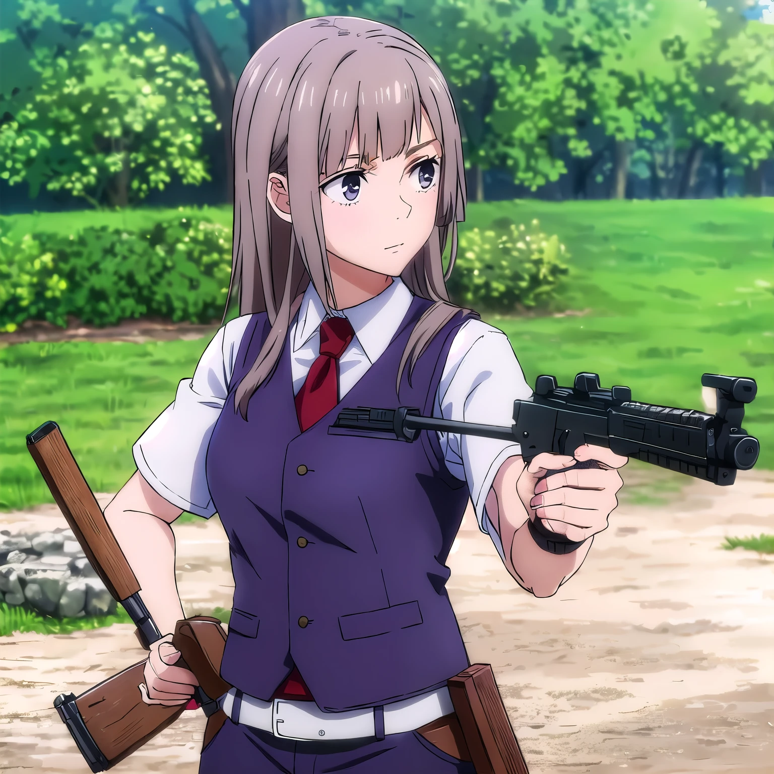 masterpiece,high quality,solo,outdoors,
Tied brown hair, lilac eyes, military clothing, red vest paint gun. is in a shooting range