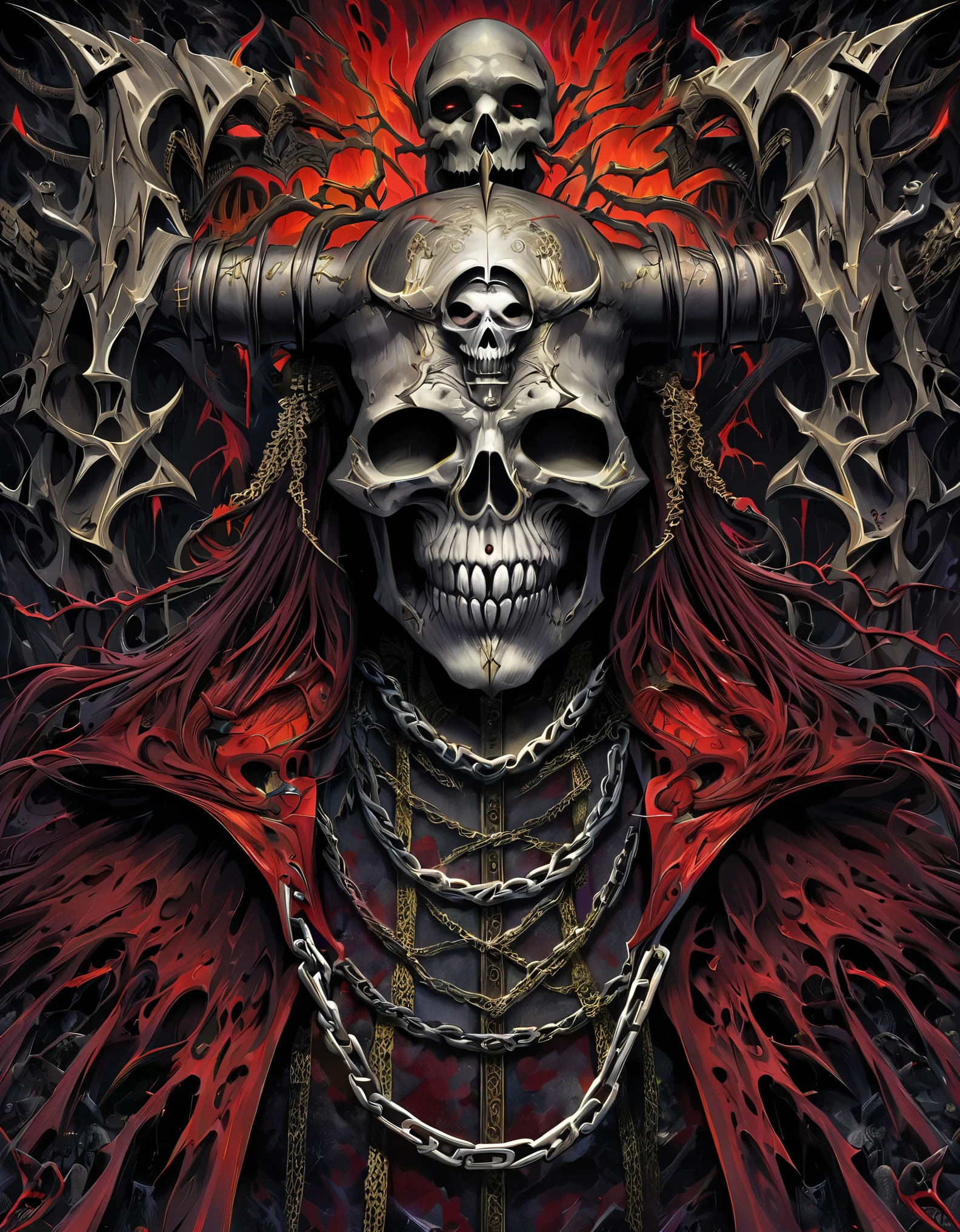 "Experience the dark and alluring world of death with this striking depiction of a god of the underworld. Directed by the talented Jason Edmiston, this piece features a demon with a chain around its neck and a skull on its shoulder, evoking a sense of power and mystery. With a nod to 1980s heavy metal album art, this is a unique and captivating take on the portrait of a god of death."
