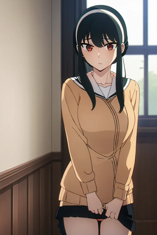 (masterpiece, highest quality: 1.2), alone, 1 girl, alone, panties,,nsfw,black,Sailor suit,blazer,your heather, lingerie, かなりEmbarrassing, View audience, Long black hair, head band, Earrings, Big Breasts, Medium Waist,Medium Hips, wide thighs, Embarrassing, charm, Good move..., Excellent anatomy,panties,classroom,,Sailor suit,blazer,skirt, (((skirtめくり, I can see your pants))),