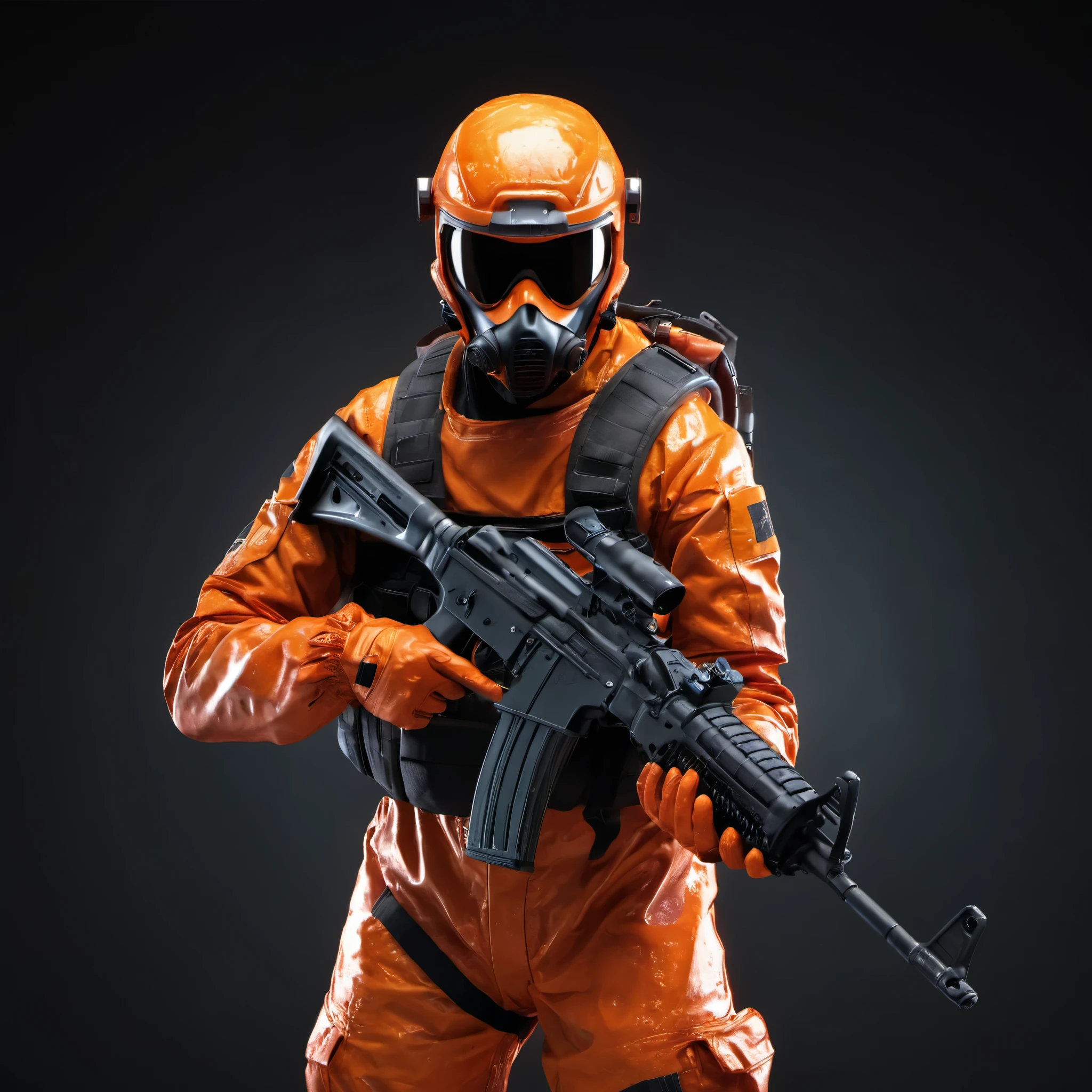 (a fierce one,AK47:1.1,nuclear suit:1.1,vibrant orange:1.1,glowing suit:1.1,deadly precision:1.1,powerful:1.1,danger:1.1,strength:1.1),ultra-detailed,high-res,photorealistic,portrait,sharp focus,bokeh,vivid colors,studio lighting,landscape,orange color palette,harsh lighting.