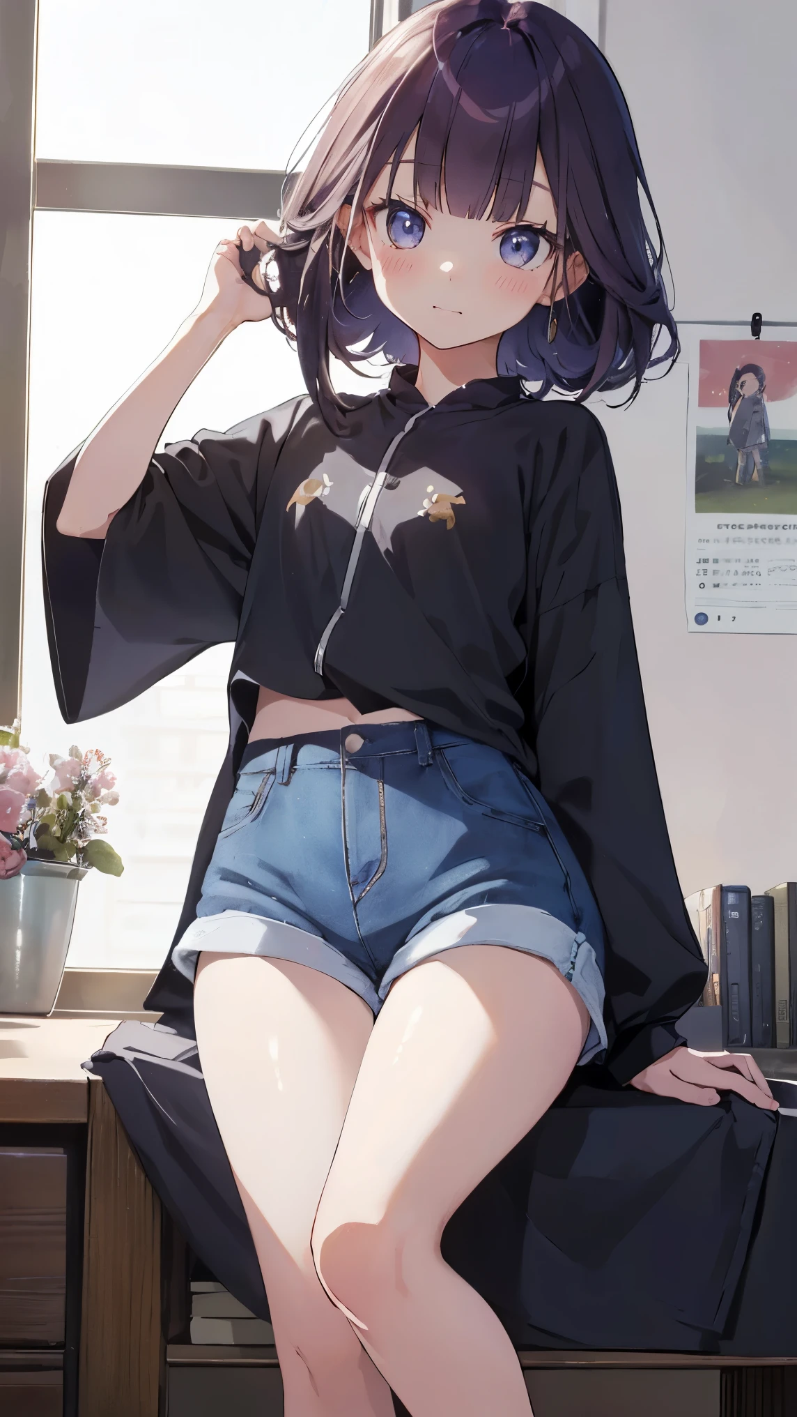 masterpiece、highest quality、highest quality、 ((panic))、Shiny hair texture、Small face、Highly detailed, beautiful and bright eyes、Very detailed鮮明で美しい顔、(Cute illustrations:1.2), High resolution, Very detailed, highest quality, Embarrassing、(The shorts gap).(Cute underwear that is easy to spot)