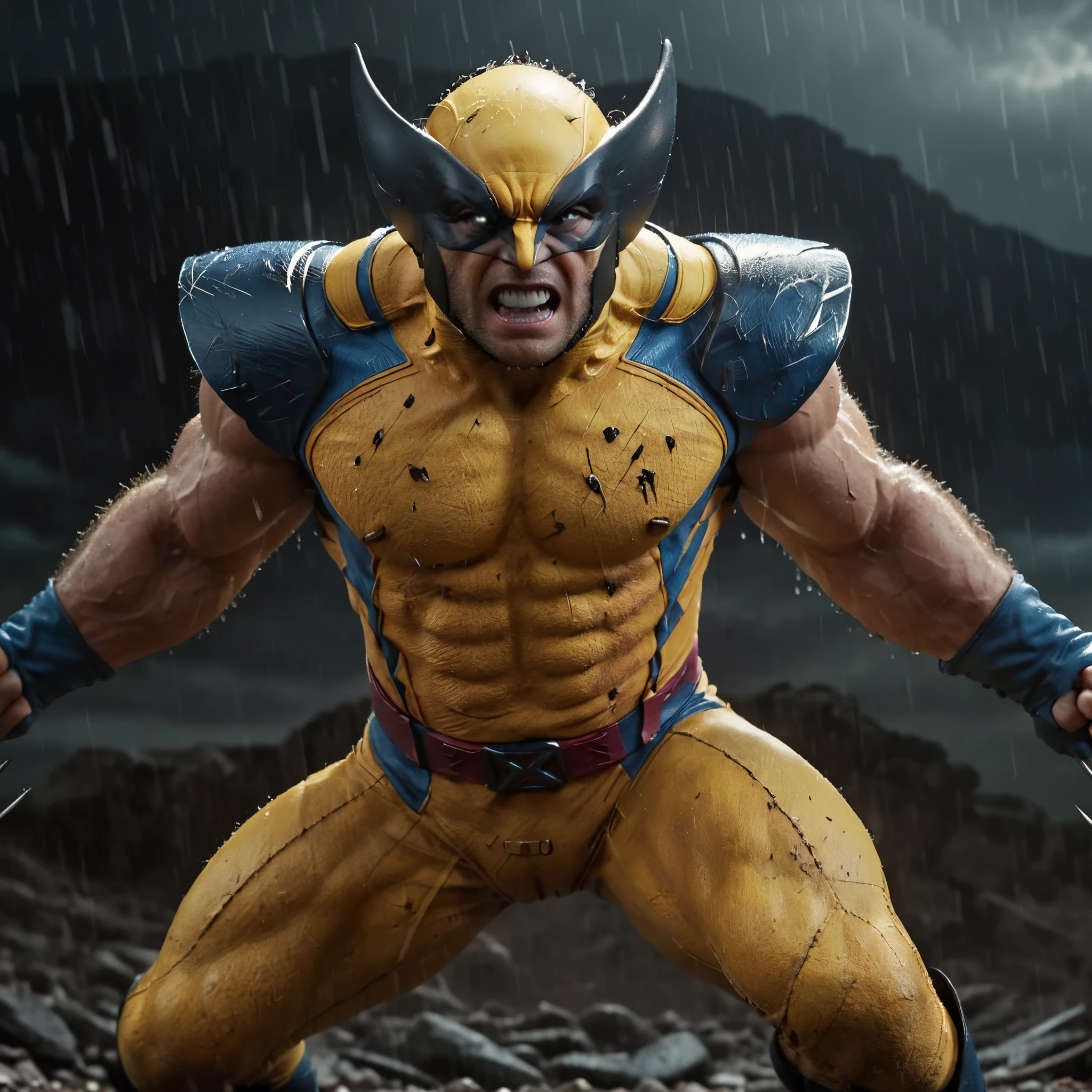 "Witness the ultimate of The Wolverine, X-Men ‘97, DnD, with intricate details on its face and body. The battle cry echoes through the stormy night, with thunder and rain adding to the intensity of this 4k resolution image."