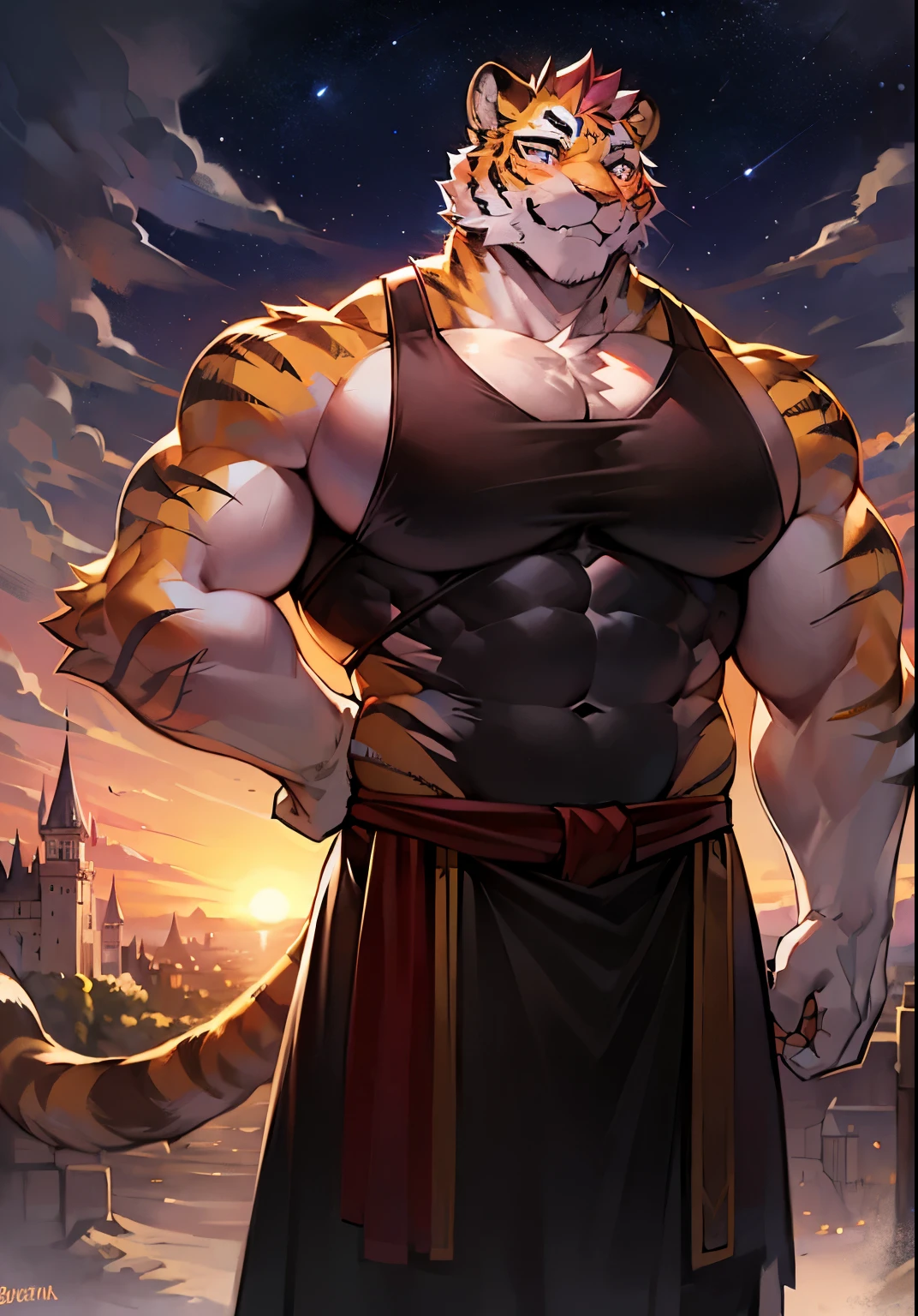 solo male, muscular body, massive pecs, ripped body, bulging pecs, saggy pecs, round pecs, huge pecs, tiger knight, standing under the stars, fantasy background with castle in the distance, facing viewer, head tilted to the side, beautiful sunset sky, wearing tunic, tiger furry character