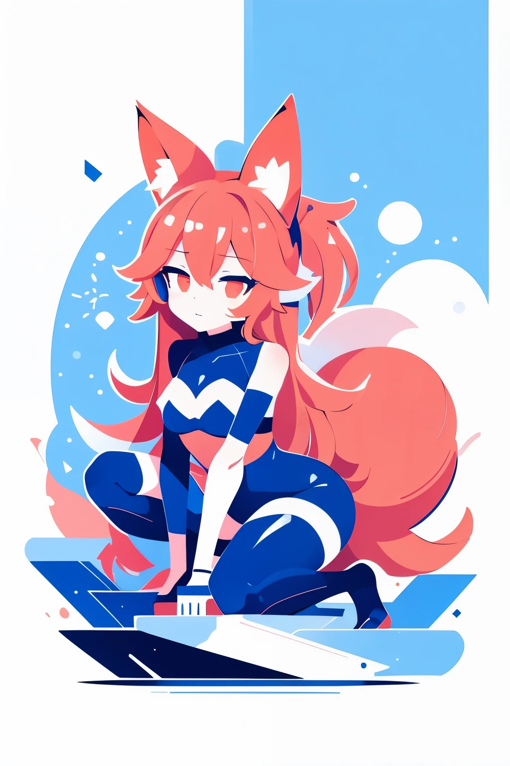 fox girl, fox ears, lewd costume, lewd pose, blue background, flat illustration, logotype style, low anime style, some colors