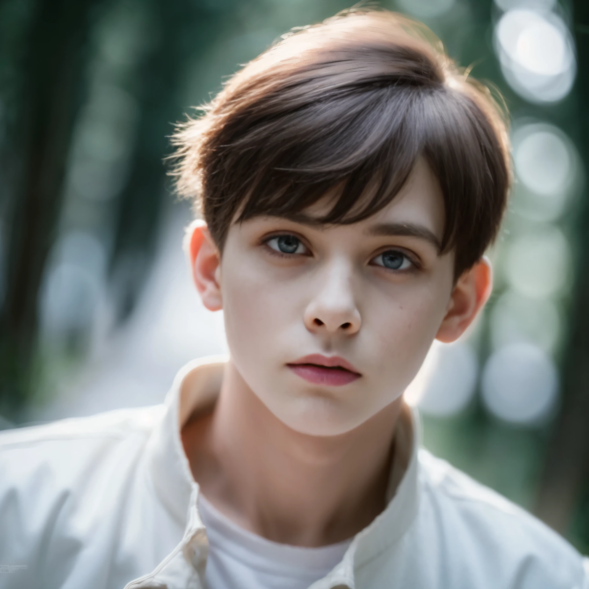 One boy, Very detailed, Realistic, Tabletop, High resolution, expensive, thin, Sharp Face, Sharp eyes, White coat, Short white hair, White ghostly eyes, Black Shirt, White pants, In the woods, Cold Stare, View your viewers, Dagger in hand