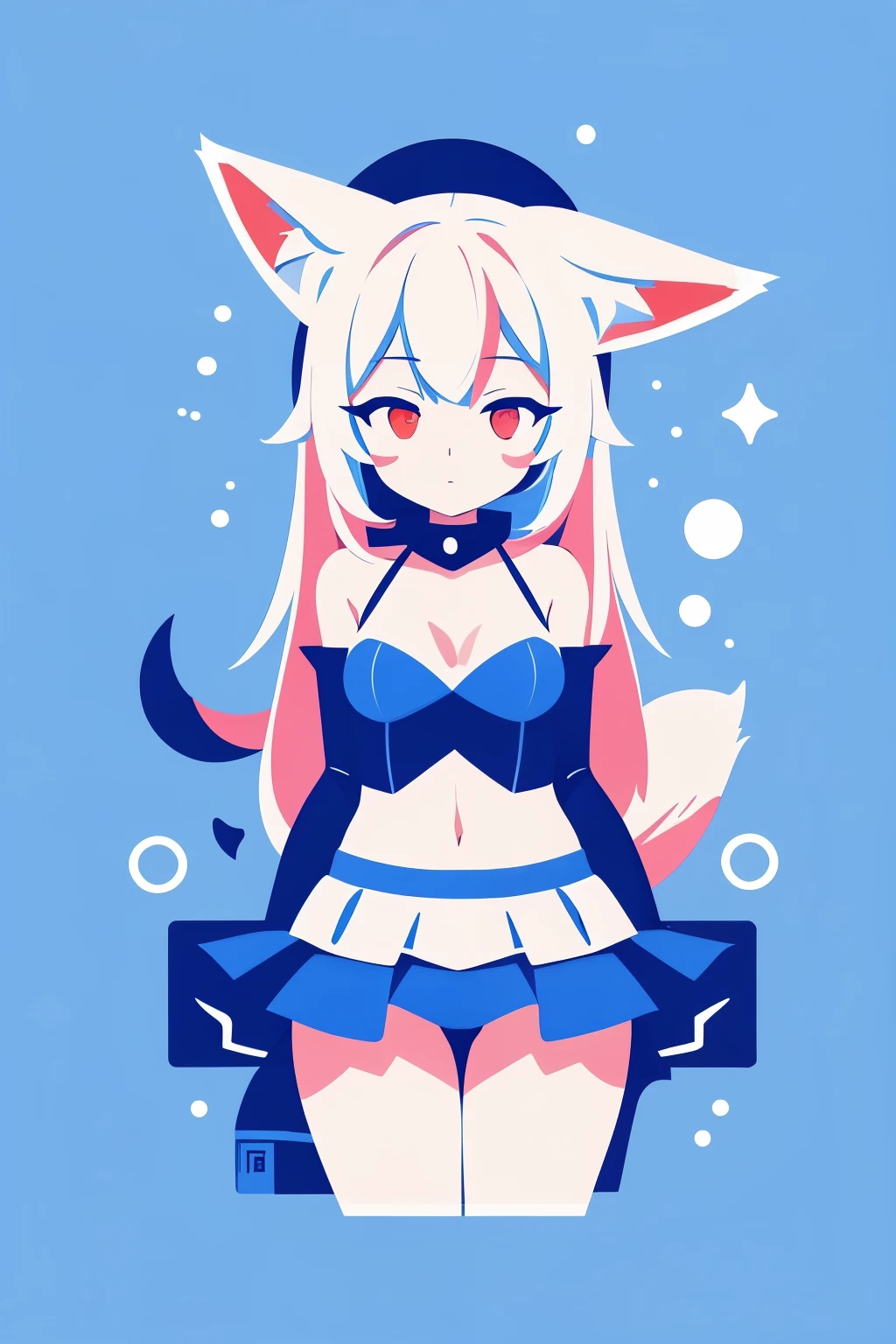 fox girl, fox ears, lewd costume, lewd pose, blue background, flat illustration, logotype style, low anime style, some colors