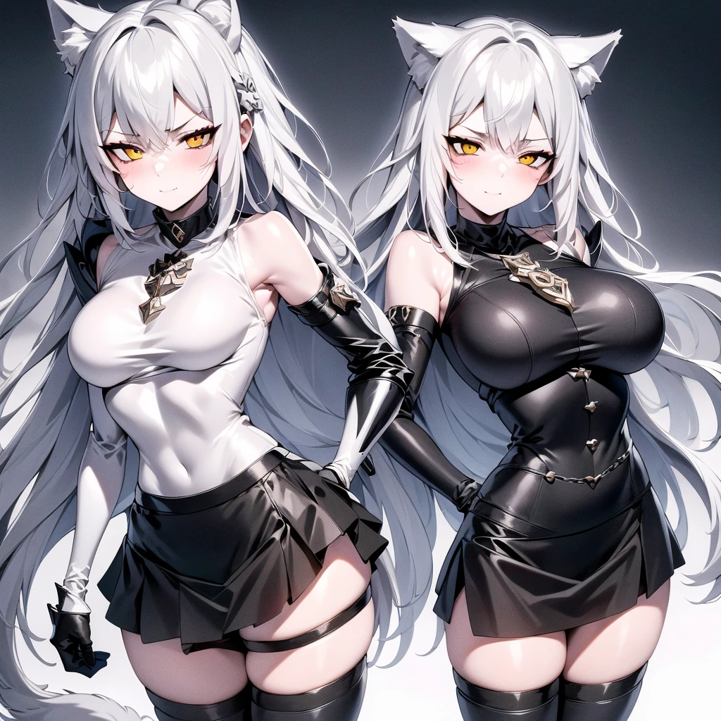 Sole girl, only one girl, full body portrait, 8K, detailed face ultra-detailed face, bbw, busty, correct body proportions, symetric face, tall beautiful young werewolf woman wearing black metal armor, black crop jacket, white pale skin, smooth skin, especially detailed face, masterpiece, ultra detailed, best quality, highlydetailed face, ultra-detailed face, athletic body, pale white skin, big breasts, long hair, gray-silver hair, a young woman, wolf ears, long wolf tail, fluffy wolf tail, bright amber eyes, wolf-like irises, beautiful, enchanting, bright yellow eyes, detailed eyes, ultra-detailed eyes, accurate eyes, detailed irises, correct body proportions, elegant, small vertical scar under right eye, small rosy lips, closed mouth, cute canines, wolf fangs, pretty hands, detailed hands, slight blush, shy smile, black metal armor, black top, black bike shorts below a skirt, skirt, detached sleeves, two piece armor, black and red armor, metal chest armor, armored bike long shorts, silver armored jacket, silver metallic ornaments, toned abs, exposed belly, standing pose, angry blushed expression, armored thighighs, long biker boots, hands on hips pose