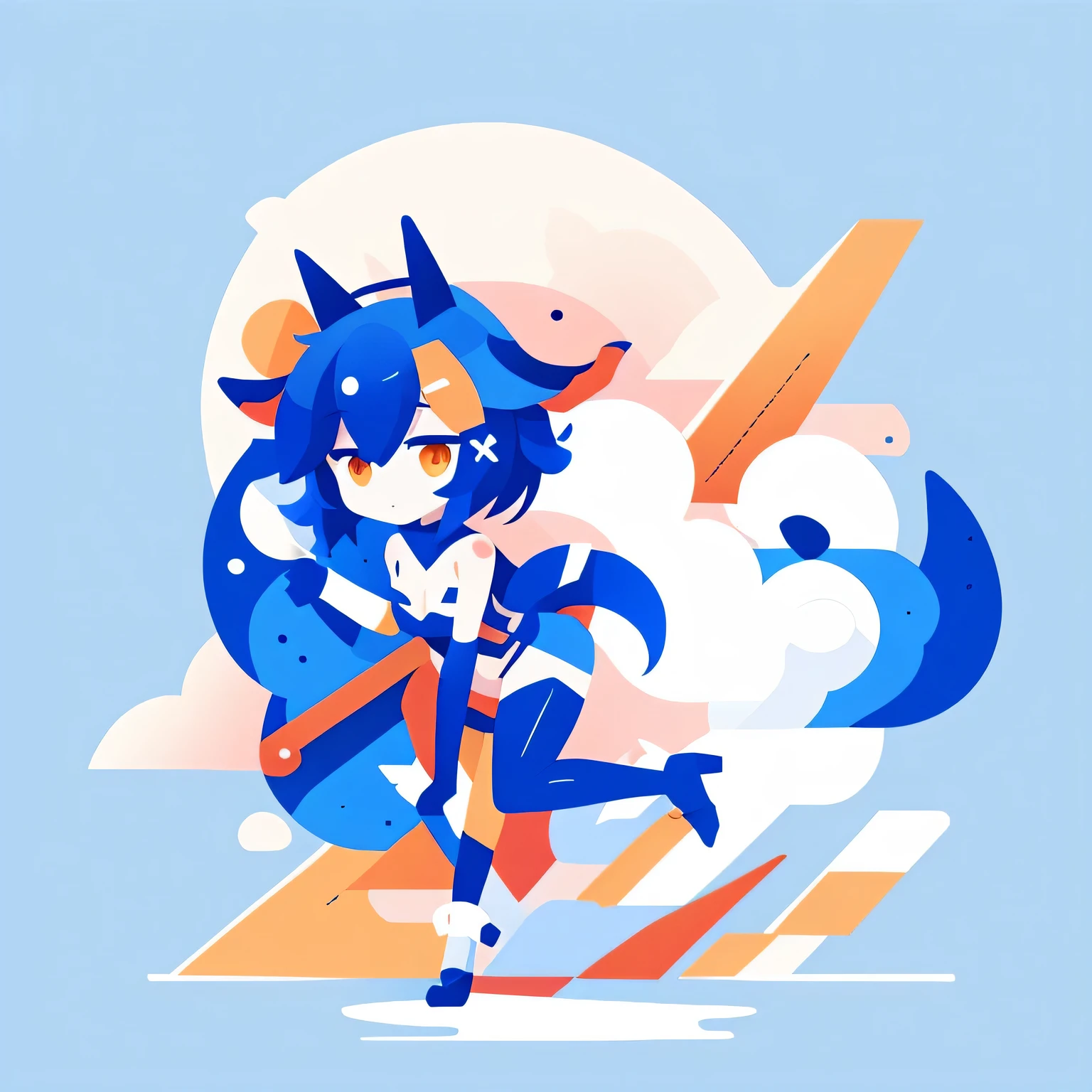 fox girl, fox ears, lewd costume, lewd pose, blue background, flat illustration, logotype style, low anime style, some colors