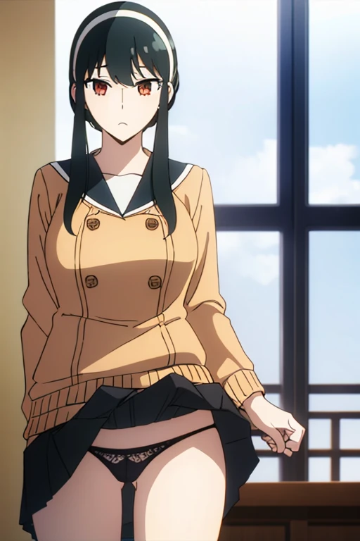 (masterpiece, highest quality: 1.2), alone, 1 girl, alone, panties，，nsfw，black，Sailor suit，blazer，your heather, lingerie， かなりEmbarrassing， View audience, Long black hair, head band,  Earrings, Big Breasts, Medium Waist,Medium Hips, wide thighs, Embarrassing, charm, Good move..., Excellent anatomy,panties，classroom，，Sailor suit，blazer，skirt， (((skirtめくり, I can see your pants)))，