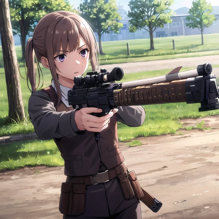 masterpiece,high quality,solo,outdoors,
Tied brown hair, lilac eyes, military black clothing, red vest paint gun. is in a shooting range