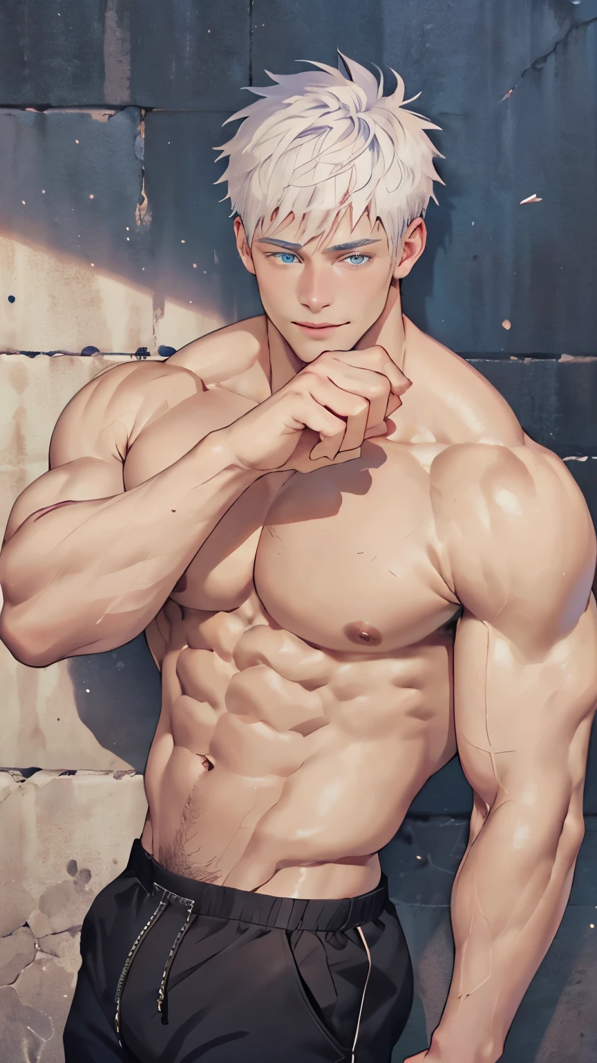 ((the best quality)), ((Masterpiece)), (details), perfect face, high definition, Masterpiece,4k,details clearly, Handsome face, white skin, perfect body, male body, strong muscles, abdomen, blue eyes, white skin, The most handsome man in the world, handsome, The coolest face, Male characters, close image (1man, shirtless), young man, mischievous smile, Extremely muscular tall man, open your eyes ((detailed eyes)), huge, muscular body and Massive, bulging pecs, muscular abs, narrow waist, short hair, blue eyes, delicate big eyes, carefree expression, clear face, handsome (detailed face, perfect face) ((extremely realistic shadows, bodybuilding posture, human, ((22-year-old young man)), V shape, athletic pants, athletic, Shirtless, Sunlight, Street wall, lower pants, topless, close up look, CG sense, Textured skin, the best quality, Storytelling images, lower your pants, show Panty line, Show your abs, show arm muscle, white hair, shining blue eyes, eyes contact