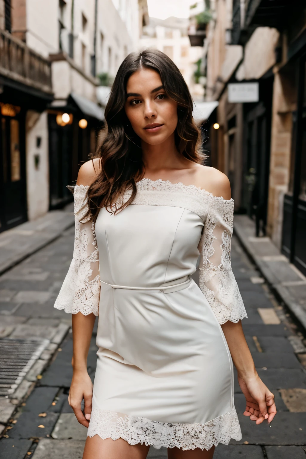 A woman stands in an ancient cobblestone alleyway, wearing an elegant, form-fitting knee-length dress with intricate lace detailing. The dress has a v-neckline and short lace sleeves, featuring a complex pattern of floral and geometric lace. The color of the dress is a deep charcoal gray, harmonizing with the warm, muted tones of the old buildings around her. The lace is finely crafted, showing a mix of both floral designs and more structured, geometric shapes, creating a sense of sophistication and grace. The woman has a gentle, poised demeanor, with soft, wavy hair that falls naturally around her shoulders. The lighting is soft and diffused, suggesting either early morning or late afternoon, casting a soft glow on the scene. 8k ultra realistic