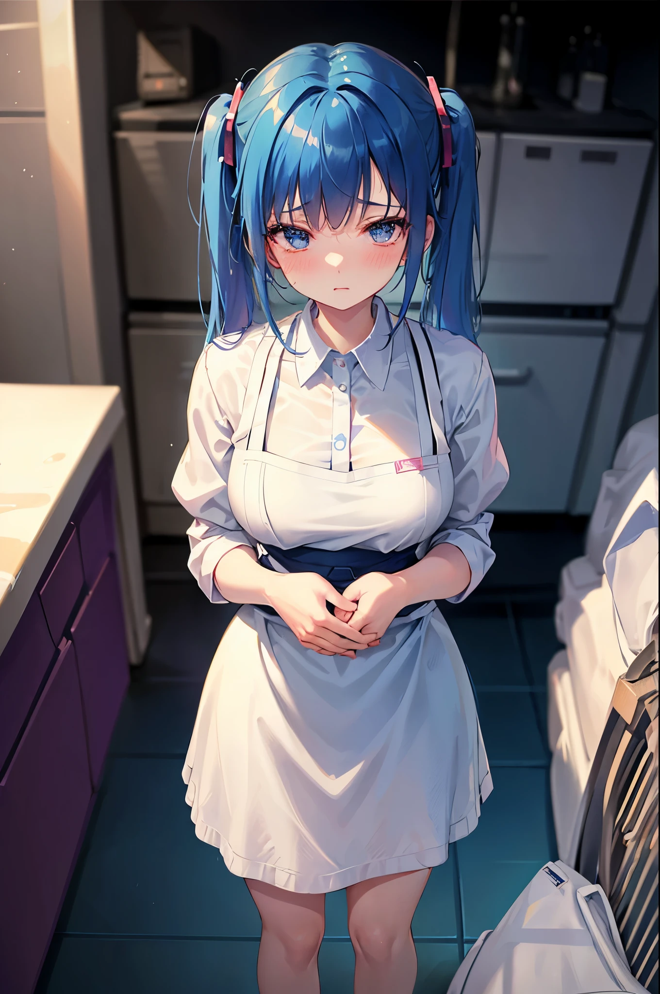 masterpiece, best qualiy, extremely detailed, 1girl,digital art, embarassed, (miwakasumi),naked, (wearing nude_kitchen_apron),sensual, no_clothes, BREAK standing, blunt_bangs, light_blue_hair, long hair, puffy, night, sensual, lewd, lascive, defined curves, BREAK living room, cozy, night, modern, perfect face, expressive eyes, exposed skin