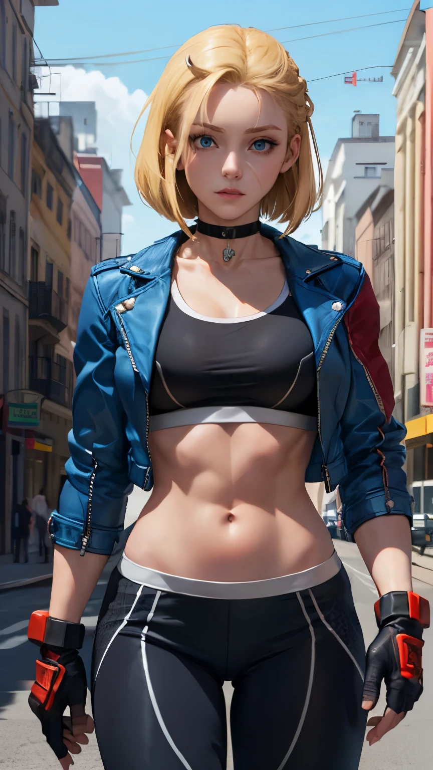 (Highly detailed, masterpiece, highly resolutions, highly quality,) city background, Body facing viewer, ((Right screen, SplitScreen, split screen, BREAK cammy white, short hair, antenna hair, blue eyes, scar on cheek, large breasts, black choker, collarbone, blue jacket, cropped jacket, open jacket, black sports bra, black midriff, fingerless gloves, black gloves, black pants, Blonde hair 1.2, Long hair, peach skin, peach-skinned female, Muscular Blue eye.))