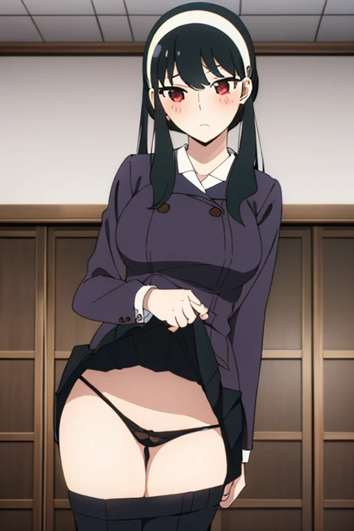 (masterpiece, highest quality: 1.2), alone, 1 girl, alone, panties,,nsfw,black,Sailor suit,blazer,your heather, lingerie,blush,かなりEmbarrassing, View audience, Long black hair, head band, Earrings, Big Breasts, Medium Waist,Medium Hips, wide thighs, Embarrassing, charm, Good move..., Excellent anatomy,panties,classroom,,Sailor suit,blazer,skirt, (((skirtめくり, I can see your pants))),