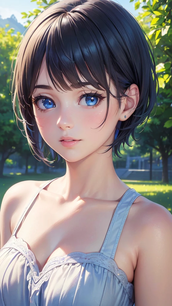 (best quality,4k,8k,highres,masterpiece:1.2),ultra-detailed,(realistic,photorealistic,photo-realistic:1.37),illustration style,detailed facial features,beautiful detailed eyes,beautiful detailed lips,cute face,short haircut,blue hair,blue eyes,confident expression,correct face proportions,black sundress,outdoor park background,vivid colors,natural lighting