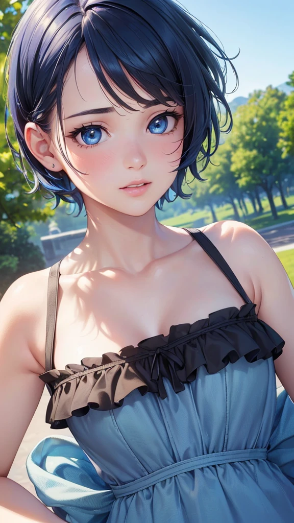 (best quality,4k,8k,highres,masterpiece:1.2),ultra-detailed,(realistic,photorealistic,photo-realistic:1.37),illustration style,detailed facial features,beautiful detailed eyes,beautiful detailed lips,cute face,short haircut,blue hair,blue eyes,confident expression,correct face proportions,black sundress,outdoor park background,vivid colors,natural lighting