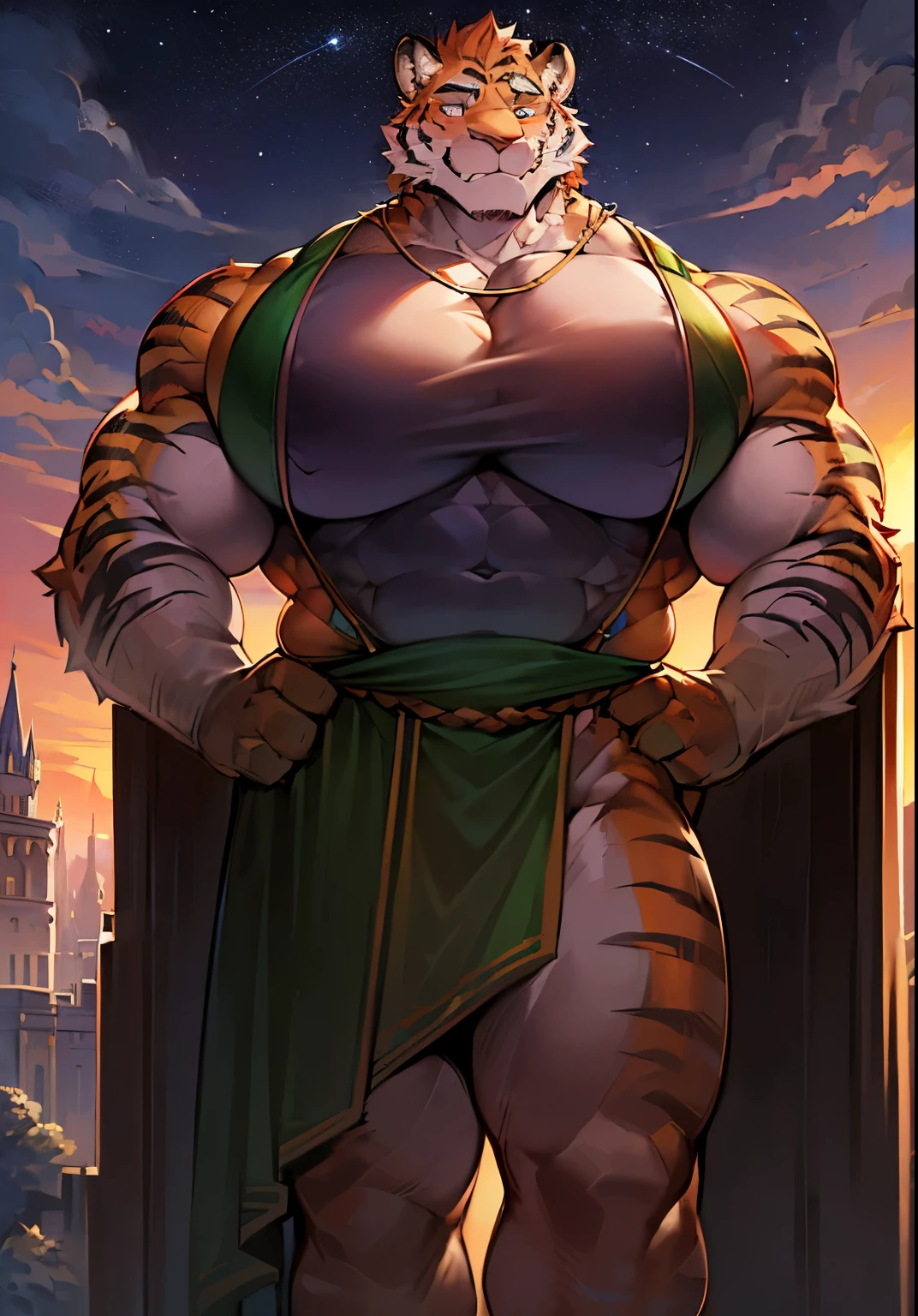 solo male, muscular body, thin, lithe, (((massive pecs, bulging pecs, saggy pecs, round pecs, huge pecs))), tiger knight, standing under the stars, fantasy background with castle in the distance, facing viewer, head tilted to the side, beautiful sunset sky, wearing tunic, tiger furry character