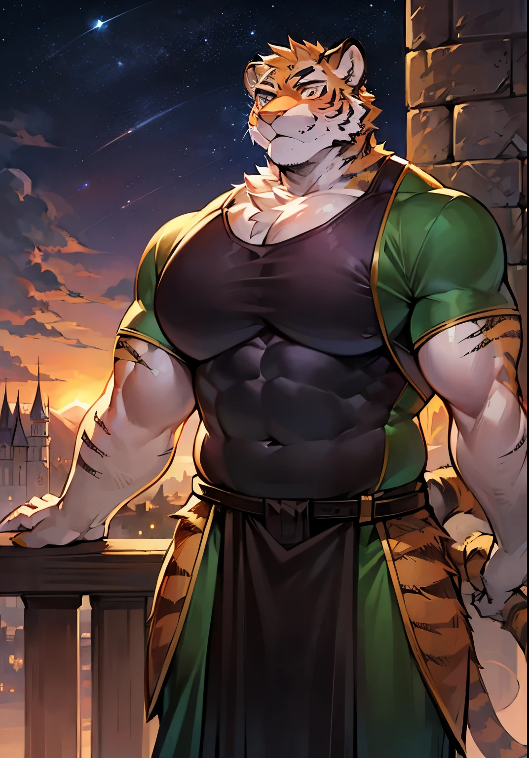solo male, muscular body, massive pecs, ripped body, bulging pecs, saggy pecs, round pecs, huge pecs, lactating, nipple piercings, tiger knight, standing under the stars, fantasy background with castle in the distance, facing viewer, head tilted to the side, beautiful sunset sky, wearing tunic, tiger furry character, small waist