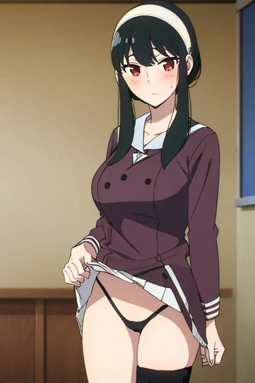 (masterpiece, highest quality: 1.2), alone, 1 girl, alone, panties，，nsfw，black，Sailor suit，blazer，your heather, lingerie，blush，かなりEmbarrassing， View audience, Long black hair, head band,  Earrings, Big Breasts, Medium Waist,Medium Hips, wide thighs, Embarrassing, charm, Good move..., Excellent anatomy,panties，classroom，，Sailor suit，blazer，skirt， (((skirtめくり, I can see your pants)))，