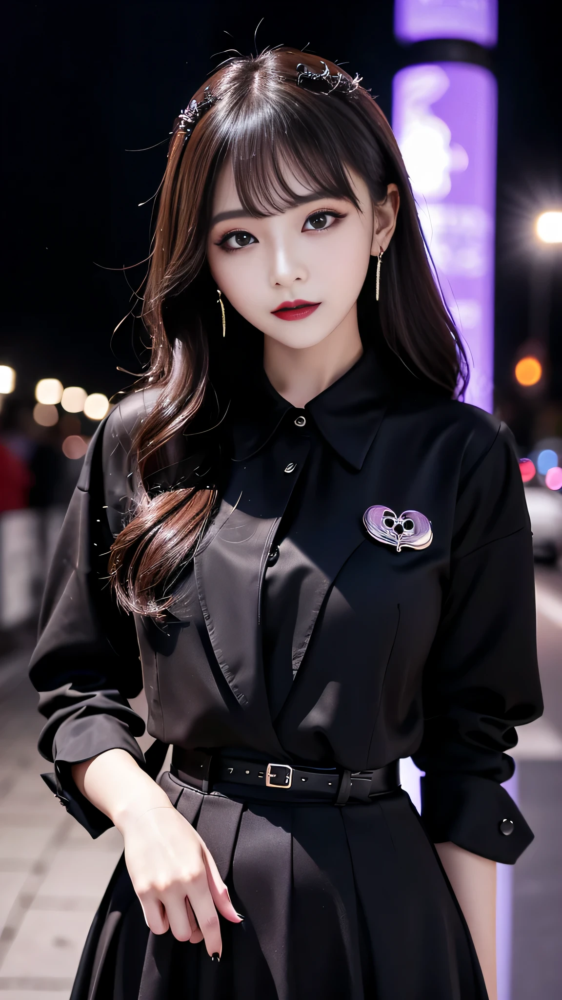 2girls、best quality、ultra-detailed、4k、Japanese、Seductive beauty、seductive adult woman、Pretty Woman、cool girl、Villainess、Brainwashed、brainwash、Fallen into evil、smirk、Evil look、Wicked Smile、evil、Brown hair、wavy hair、swept bangs、dark makeup、dark makeup、piercing eyes、hollow eyes,half-closed eyes、Hollow Eyes、Purple Eyeshadow、black lipstick、black lipglos、suit、Jacket、blouse、Black Ribbon、Long skirt、slit、Beautiful feet、night、Eerie Citadel、Are standing、looking down