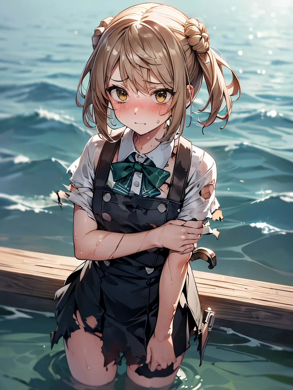 MichishioKC, 1 girl, Solo, Cute Girl, 13 years old, Best Quality, Ultra-detailed, 8K, High resolution, Detailed face, (((on the water,))), (((painful:1.5, embarrassed, injured))), black dress, white shirt, short sleeves, green bowtie, (((torn clothes:1.2))), (((wet hair, wet clothes, burned clothes, scrap irons on the water, burned out))),