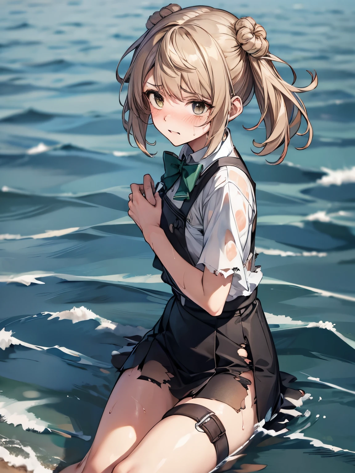 MichishioKC, 1 girl, Solo, Cute Girl, 13 years old, Best Quality, Ultra-detailed, 8K, High resolution, Detailed face, (((on the water,))), (((painful:1.5, embarrassed, injured))), black dress, white shirt, short sleeves, green bowtie, (((torn clothes:1.2))), (((wet hair, wet clothes, burned clothes, scrap irons on the water, burned out))),