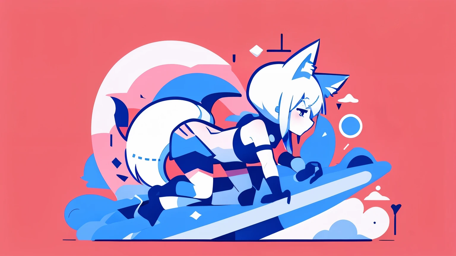 fox girl, fox ears, lewd costume, lewd pose, blue background, flat illustration, logotype style, low anime style, some colors