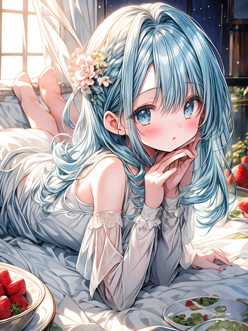 masterpiece, best quality, extremely detailed, (illustration, official art:1.1), 1 girl ,(((( light blue long hair)))), light blue hair, ,10 years old, long hair ((blush)) , cute face, big eyes, masterpiece, best quality,(((((a very delicate and beautiful girl))))),Amazing,beautiful detailed eyes,blunt bangs((((little delicate girl)))),tareme(true beautiful:1.2), (best quality, highres, masterpiece:1.2), beautiful girl, sitting alone, looking at the viewer, , long hair, hair bow, pajamas, polka dots, indoor, bedroom, pillow, holding a pillow, hugging a pillow, window, night sky, stuffed animal, messy room, curtains, closed mouth, blushing, sweat drops、(flat chest),shinshitsu,night