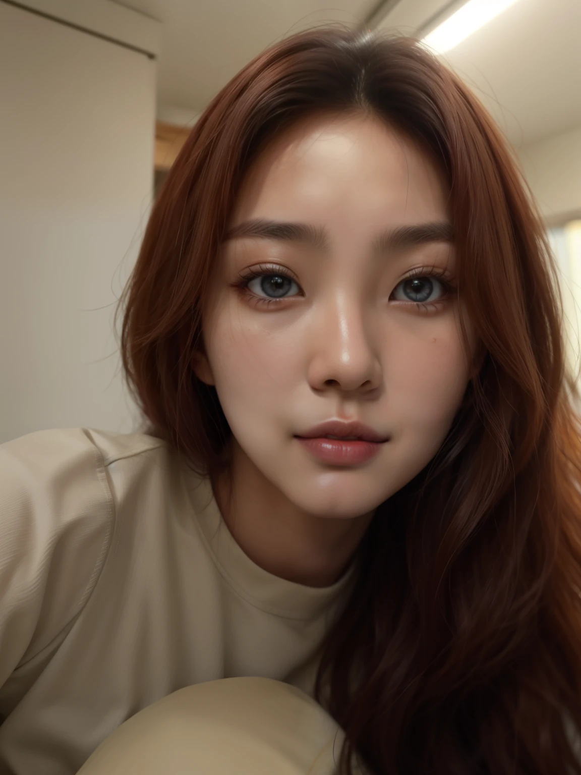 um close up de uma mulher com cabelos longos e uma camisa cinza, young lovely korean face, linda jovem coreana, lovely dark korean face, linda mulher sul-coreana, seu rosto corado e suado, Korean facial features, linda jovem coreana, korean symmetrical face, messy hair, coreana, sem maquiagem, bare face, Mamamoo HwaSa, boca fechada 