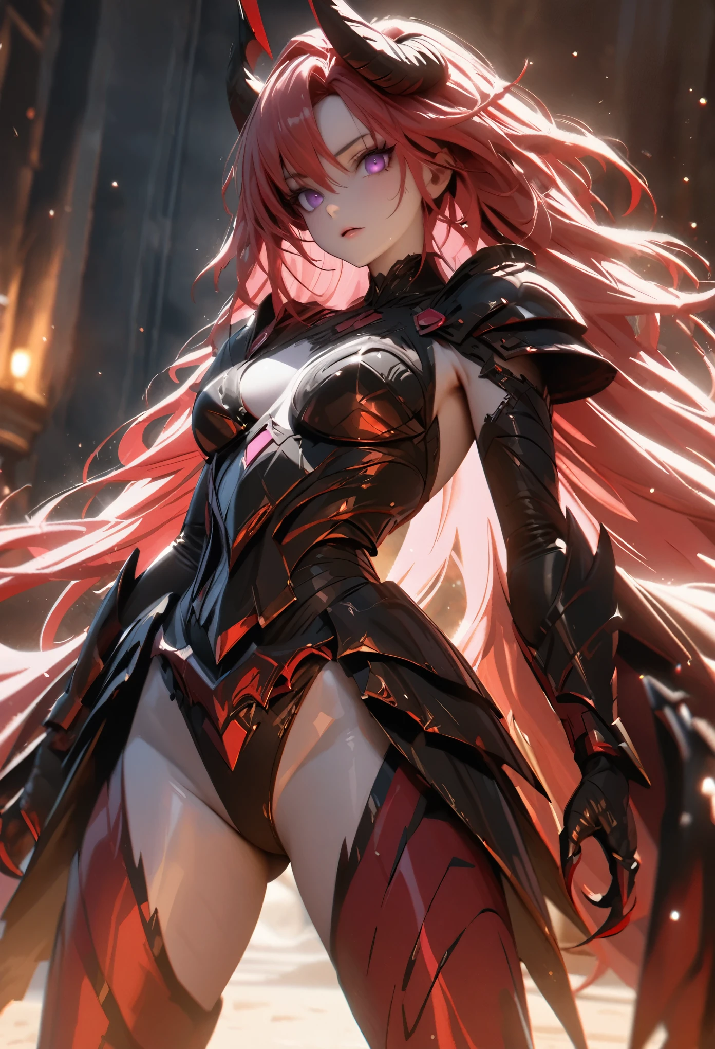 (solo), pinkish red hair, messy hair, mane hair, extra long hair, dense hair, wild hair, expressive hair, mature, woman, (25 year old), pale skin, purple eyes, curved horns, demon girl, demonic woman, wearing a black armor, armored arms, armored legs, claws,, beautiful, attractive, eye reflection, depth of field, thunder aura,cinematic lighting, ray tracing, depth of field, cinematic lighting, ray tracing, UHD, high details, best quality, highres, high quality, award winning, super detail, masterpiece, 8k, UHD, high details, best quality, highres, high quality, award winning, super detail, masterpiece, 8k, digital art, anime coloring, body shot, good face, perfect face, detailed face