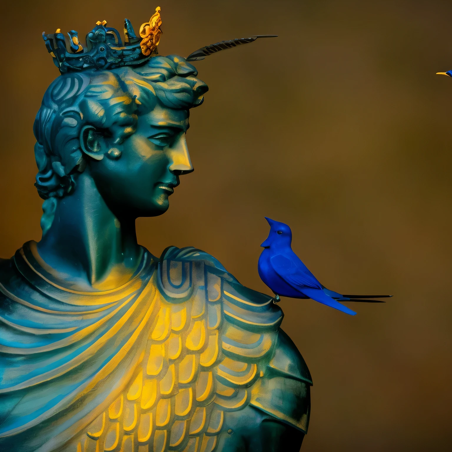 a close up of a statue with a bird on it's shoulder, angus mcbride, ozymandias, by Rafal Olbinski, by Diane Dillon, alexander the great, moon in his crown, daniel, by Antonio Cavallucci, by Antonín Chittussi, angus mckie, greek god, by Charles Gleyre, by Tim White