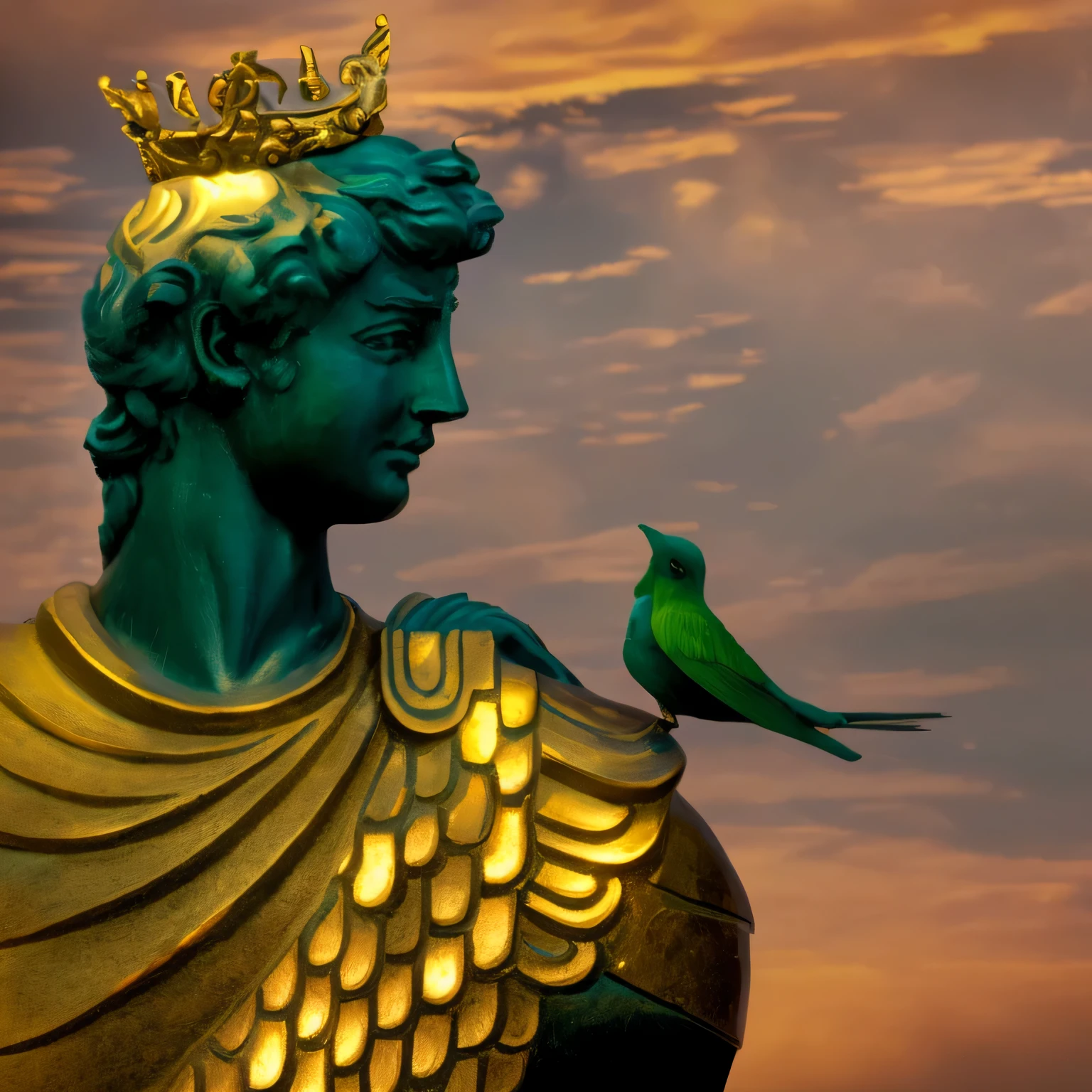 a close up of a statue with a bird on it's shoulder, angus mcbride, ozymandias, by Rafal Olbinski, by Diane Dillon, alexander the great, moon in his crown, daniel, by Antonio Cavallucci, by Antonín Chittussi, angus mckie, greek god, by Charles Gleyre, by Tim White