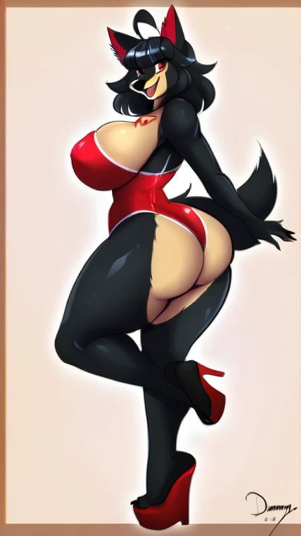 dommy mommy, Candid, canine, canis, wolf, mammal, 5 fingers, 5 toes, ahoge, anthro, big butt, black nails, black nose, bubble ass, busty, bottomwear, butt, claws, red one piece swimsuit latex, colored nails, cosplay, feet, athletic female, fingers, fluffy, fluffy tail, footwear, fur, humanoid feet, humanoid hands, large bum, looking at viewer, loose footwear, Mocking Look, nails, on one leg, one leg up, open mouth, open smile, open toe heels, plantigrade, platform footwear, platform heels, pose, raised leg, red inner ear, red eyes, sandals, shirt, shoe dangle, smile, soles, soft soles, meaty soles, solo, standing, wolf tail, tall, tan body, tan fur, thick thighs, toe claws, toes, topwear, voluptuous, white tribal markings on thighs, wide hips, curvy figure, curvaceous, black body, black fur, absurd res, hi res, signature