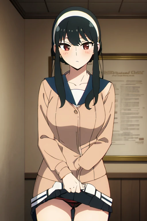 (masterpiece, highest quality: 1.2), alone, 1 girl, alone, panties,,nsfw,black,Sailor suit,blazer,your heather, lingerie,blush,かなりEmbarrassing, View audience, Long black hair, head band, Earrings, Big Breasts, Medium Waist,Medium Hips, wide thighs, Embarrassing, charm, Good move..., Excellent anatomy,panties,classroom,,Sailor suit,blazer,skirt, (((skirtめくり, I can see your pants))),