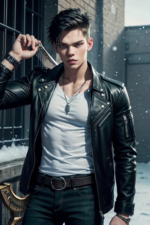 Dominic Sherwood 20-year-old boy with open black jacket, blue t-shirt with snow print, short black hair, punk style, yellow locks, black jeans, green eyes, black leather belt, silver buckle, slim muscular build, cross medallion, silver bracelet, looking straight at the viewer, holding a harp