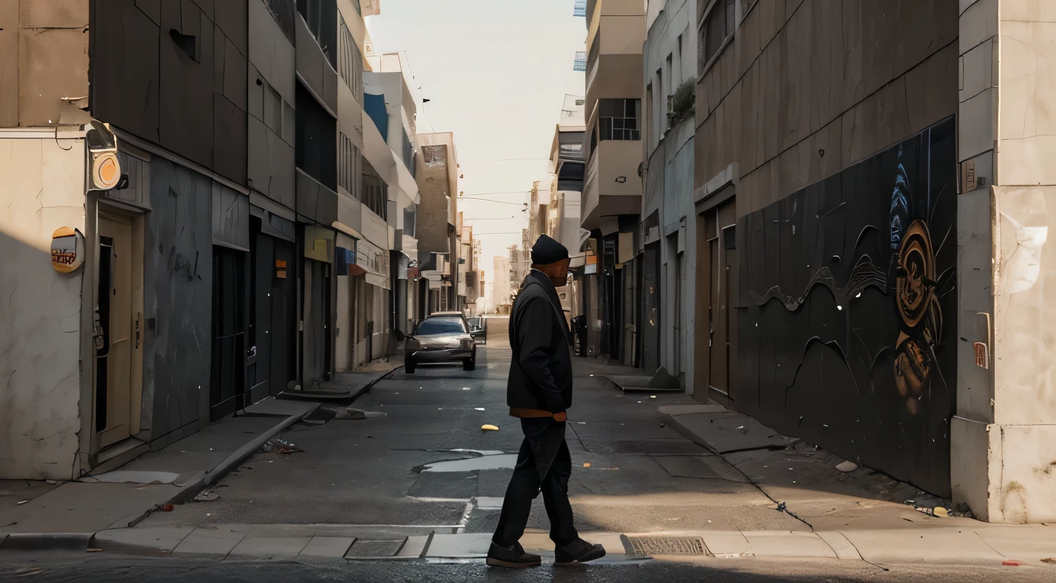 "A sad man passing by a deserted street in Hollywood, Los Angeles, with a mural (old wall) depicting torn hearts on an outdoor billboard. (best quality, highres), with ultra-detailed and realistic portrayal, showcasing the vibrant colors and bokeh effect. The mural is created with a mix of painting and illustration techniques, giving it an artistic touch. The street is empty, emphasizing the desolation and loneliness. The old wall showcases a weathered texture, adding character to the scene. The lighting is dramatic, casting long shadows on the wall and creating a sense of mystery. The overall color tone is somber, with a hint of melancholy. The old men walking past the mural is wearing casual attire, conveying a sense of solitude and contemplation. The mural acts as a visual representation of heartbreak and emotional vulnerability, setting a poignant tone for the artwork. The composition of the image is carefully framed to capture the essence of the deserted street and the emotional impact of the mural's imagery.