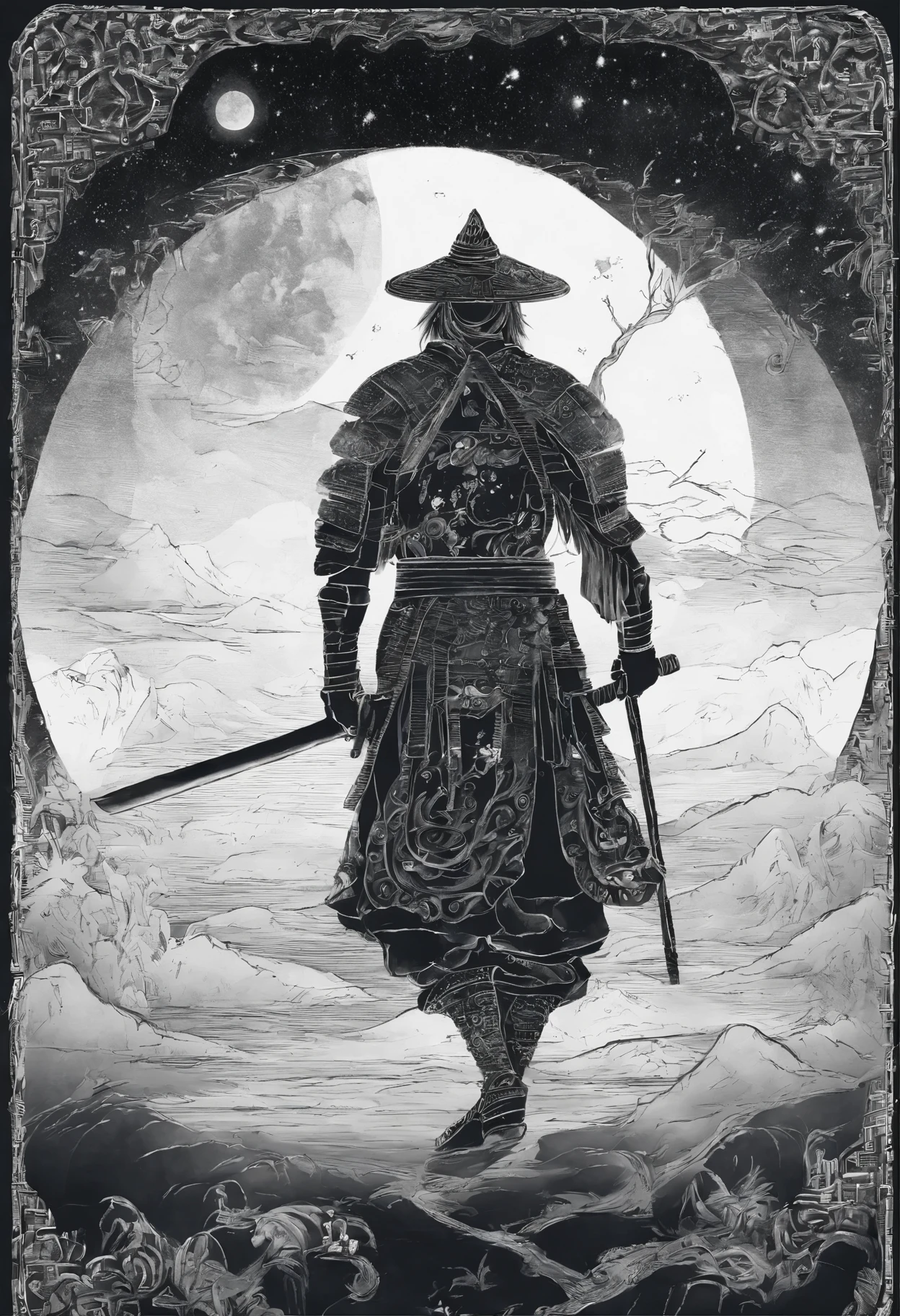 O samurai segura uma katana, Starry skies and mist envelop the landscape.